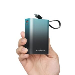Ambrane 20000mAh Small Pocket Size Powerbank, Hanging InBuilt Type C Cable, Black-Blue)