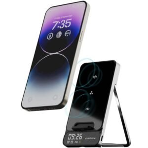 Ambrane 15W Wireless Charging Stand with Digital Display & Alarm Setting, Black)