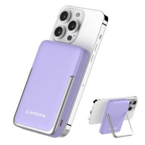 Ambrane 10000mAh Magsafe Fast Wireless Charging Power Bank, Strong Metal Mobile Stand, Purple